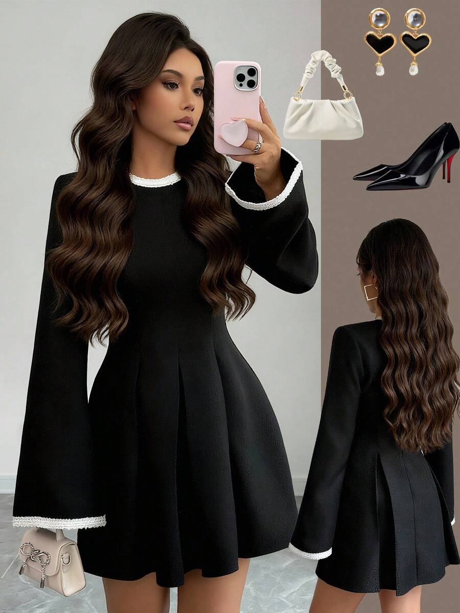 Elenzga Elegant Black & White Contrast Color Fitted Crew Neck Long Sleeve Mini Dress - Black - View 1