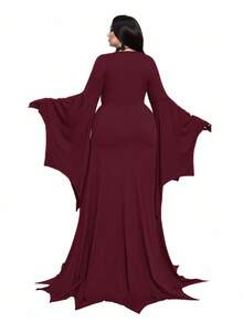 Flirla 大码女式 2025 复古休闲朋克风格深 V 领荷叶边领抽绳下摆高开衩蝙蝠袖长裙，适合万圣节、节日装 - 酒紅色 - 查看 2