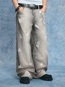 ROMWE MEN Street Life Men's Floral Print Pocket Wide Leg Loose Casual Jeans, Grunge - Brown - View 5