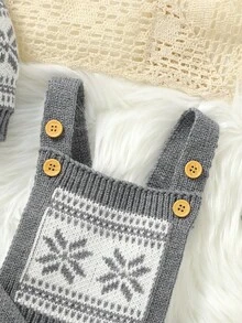 SHEIN 3 pezzi Set casual vintage per bambini: giacca a maniche lunghe con collo rotondo + tutina in maglia con bavaglino + cappello carino, outfit minimalista alla moda, autunno/inverno - Grigio - Visualizzare 6
