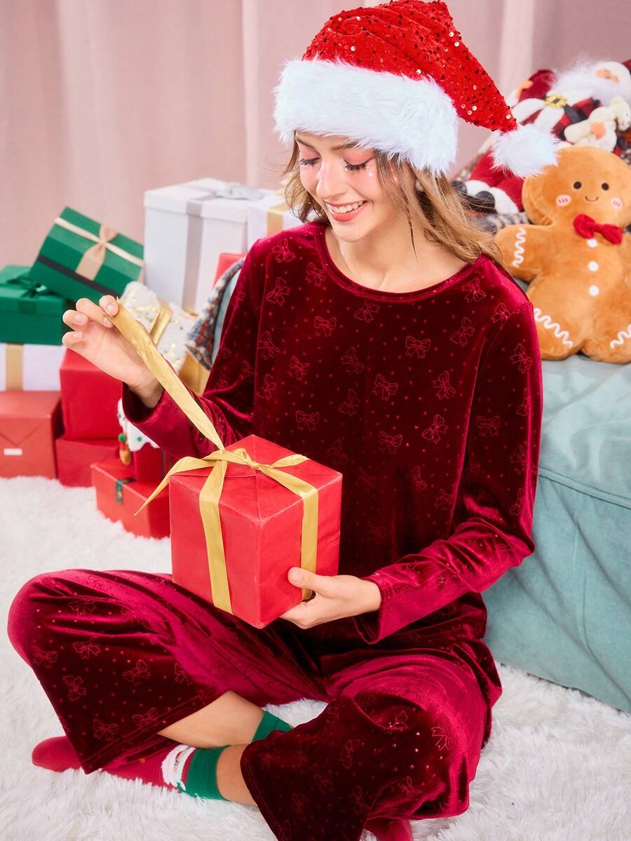2 件圣诞淘气女孩蝴蝶结圣诞礼物毛绒毛绒可爱家居服套装女士秋冬装 - 紅色 - 查看 1