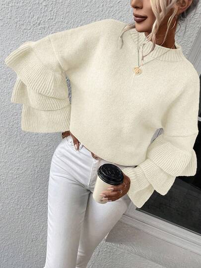 EMERY ROSE 秋冬休闲纯色荷叶边喇叭袖毛衣