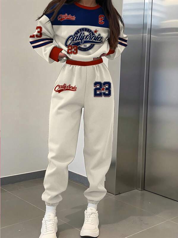 SHEIN Vintage College Sports Style, Jersey Letter Graphic, Classic College Color Scheme, Teen Girls Casual Minimalist Thick Soft Comfortable Loose Crew Neck Long Sleeve Hoodie And Pants 2 Pieces Set, Suitable For Casual, Street Style, Sports, Campus In Autumn & Winter, Cozy Season, Autumn & Winter Outfits For Easy Comfort, Autumn & Winter Layers For Girls, Stylish Girls, Casual Wear, Kids Graphic Clothes, Fall & Winter Tracksuit, Fall New Style, Homecoming, Winter Fashion