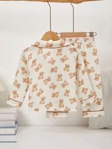 男婴卡通熊印花棉质长袖纽扣上衣和裤子睡衣套装 - 米色 - 查看 2