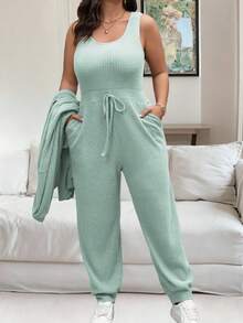 Vionelle 2件套女士纯色无袖连体裤和长袖开衫套装 - 薄荷綠 - 查看 8