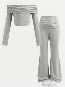 SHEIN 青少年女孩 2 件纯色浅灰色春秋露肩长袖短款上衣和喇叭裤休闲套装，适合日常穿着，适合返校