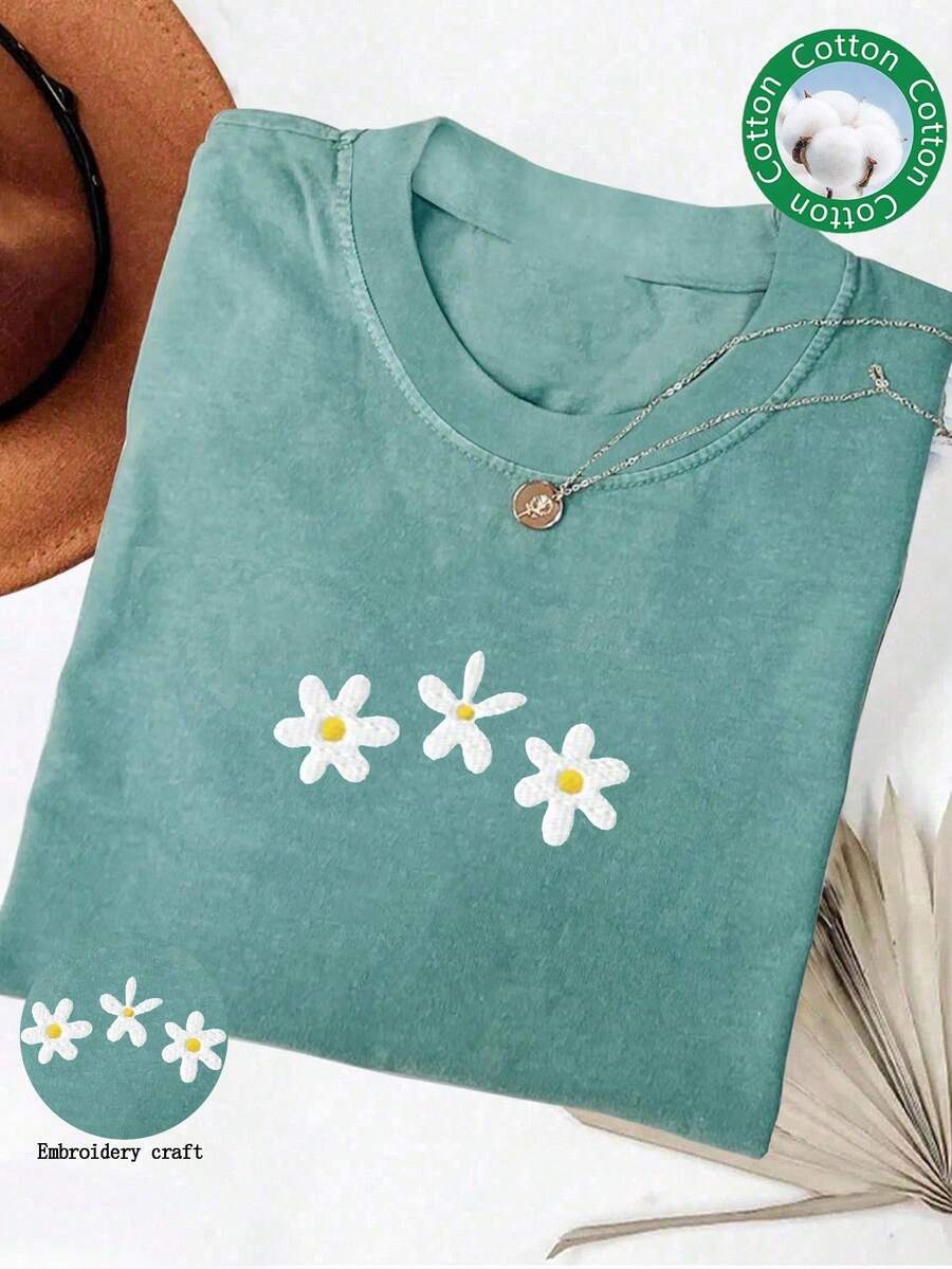 SHEIN Comfortable Color Daisy Shirt Embroidered Comfortable Color Shirt Embroidered Floral Shirt Daisy T-Shirt Retro Spring Embroidered Round Neck T-Shirt For Women - Green - View 1