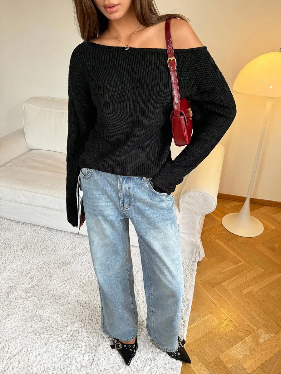SHEIN Tall Damen Einfarbiger Asymmetrischer Ausschnitt Lässiger Langarm Roter Pullover Für Lässig Party Elegant Zuhause Sexy Herbst Winter Lässig Weihnachten Halloween Neujahr Asymmetrisches Oberteil - Schwarz - Übersicht 1