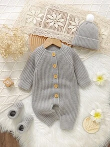 SHEIN 3件套！婴儿毛衣连体衣+新生儿鞋+可爱帽子，简约休闲风格，轻松打造别致的婴儿装，方便又轻松 - 灰色 - 查看 3