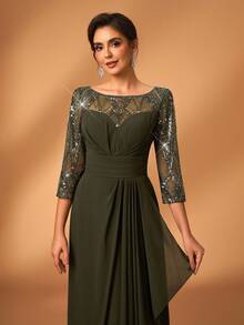 Serin Đầm chữ A sang trọng, thanh lịch với chất liệu chiffon, đính ren và sequin, tay áo voan mỏng, xếp ly bồng bềnh, thích hợp cho đám cưới, tiệc tùng, kỳ nghỉ, dạ hội, váy cho mẹ cô dâu, ngày Valentine. - xanh quân đội - Xem 6