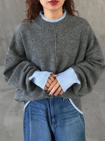 FRIFUL 女士撞色圆领二合一落肩长袖宽松休闲套头毛衣，秋季