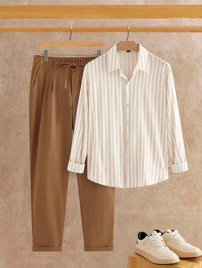 EASEVO Plus Size Men's Striped Button-Front Long Sleeve Casual Versatile Everyday Shirt Set Men Casual Sets Pants And Shirt Set Men 2 Piece Set Stripe