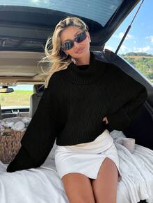 EURMUSE Women Turtleneck Textured Knit Drop Shoulder Sweater - Hitam - View 2