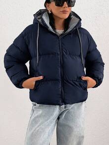 SHEIN Áo khoác hoodie ngắn dày có túi cho nữ mùa đông - Màu xanh hải quân - Xem 6