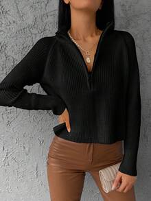 Pull zippé mi-hauteur, couleur unie, décontracté, automne/hiver - Noir - Voir 6