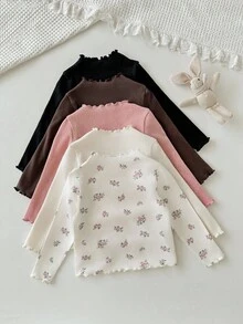 Cozy Pixies 5pcs Baby Girl Floral Textured Turtleneck Long Sleeve Ruffle Hem Pullover Top Set Fall Winter - Pink - View 2