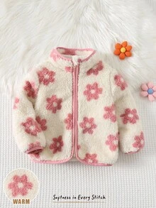 Cozy Pixies 女婴碎花印花保暖圆领长袖外套，百搭舒适，适合秋冬季节穿着，女婴保暖碎花外套 - 粉色 - 查看 3