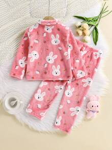 2pcs Cardigan Fleece Cute Rabbit Pattern Pajamas, Fashionable Loungewear Set - Pink - View 2