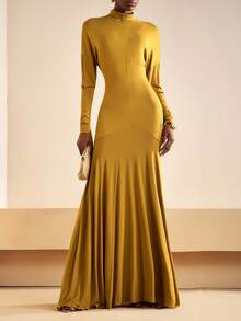 Zivah 2025 秋季新款音乐节西部游牧风格生日派对毕业典礼大学生日常休闲度假巡航海滩日光浴病毒式街头风格万圣节服装婚礼宾客波西米亚风通勤早午餐商务休闲机场派对节日优雅长袖立领合身 A 字形开叉下摆性感 - 芥末黃 - 查看 5