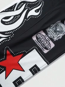 ROMWE MEN Street Life Pantalones de chándal con cordón en la cintura y estampado de llamas de color contrastante para hombres - Negro - Ver 7