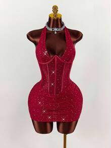 Amplova 露背无袖水钻装饰束腰透视迷你派对连衣裙 - 櫻桃紅 - 查看 3