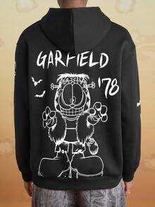 GARFIELD | SHEIN Sudadera con capucha casual de hombre con estampado de letra y gato, otoño - Negro - Ver 2