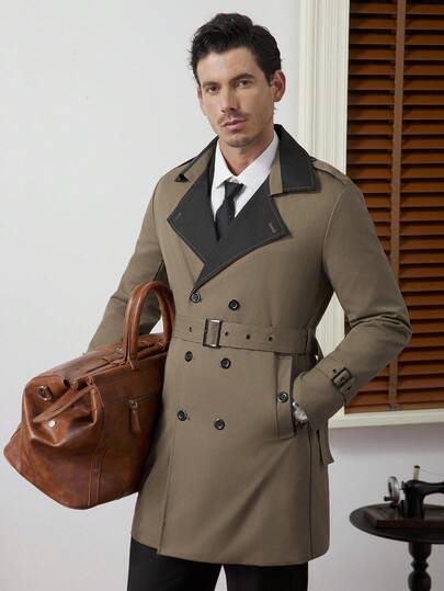 Core Aspect Herren unifarbener doppelreihiger Trenchcoat mit Langarm, Herren doppelreihiger Trenchcoat, Herrenmantel, 2025 Neuer Herren Herbst- und Winterwollmantel im klassischen Stil, Windbreaker in Langform, Herren Herbst- und Winterbekleidung für den Außenbereich, Herren Mantel Windbreaker Wollmantel