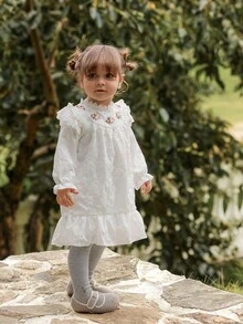 Vintaside Kids 1 件纯色刺绣编织花卉装饰套头衫休闲舒适长袖婴儿/幼儿女孩连衣裙