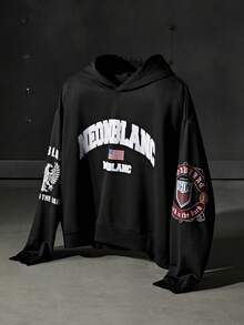 NEON BLANC Men's Letter Graphic Hoodie, For Fall Winter, Long Sleeve Top - Black - View 1