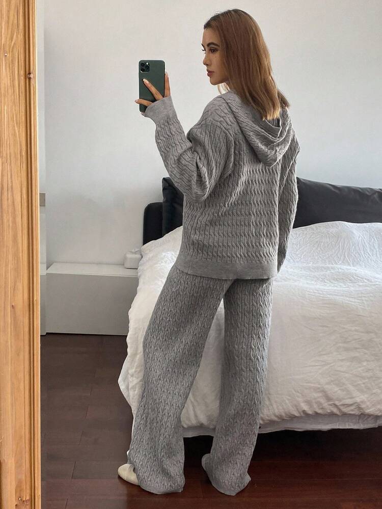 2pcs/Set Women Thick Cable Knit Hoodie Sweater And Wide Leg Pants Casual Street Style Outfit, Autumn/Winter
