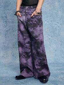 ROMWE MEN Grunge Punk Blugi bărbătești violet cu imprimeu tie-dye și buzunar, casual, la modă, cu picior larg - Violet - Vizualizare 4