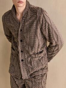 男士长袖提花毛绒上衣和长裤睡衣套装，秋冬保暖舒适