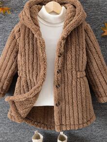 Elladie kids 1 件女童经典街头风连帽长袖毛绒夹克 - 棕色 - 查看 7