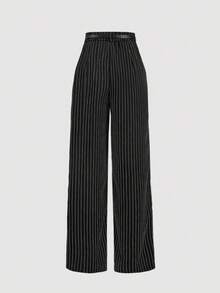 SHEIN MOD 女士宽松黑色条纹高腰直筒休闲裤秋冬女装 - 黑色 - 查看 3