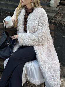 Elyressa 女式长款宽松仿皮草大衣 - 杏色 - 查看 5