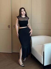 Flirla Plus Size Women Elegant Contrast Lace Slit Hem 2 In 1 Mermaid Hem Pencil Skirt - Black - View 6