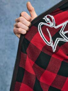 ROMWE MEN Casual Men's Plaid Letter Embroidery Rhinestone Wool Blend Overcoat, Fall/Winter - Multicolor - View 8