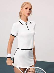 CourtClass 女式撞色短袖休闲健身运动 Polo 衫 - 米色 - 查看 5