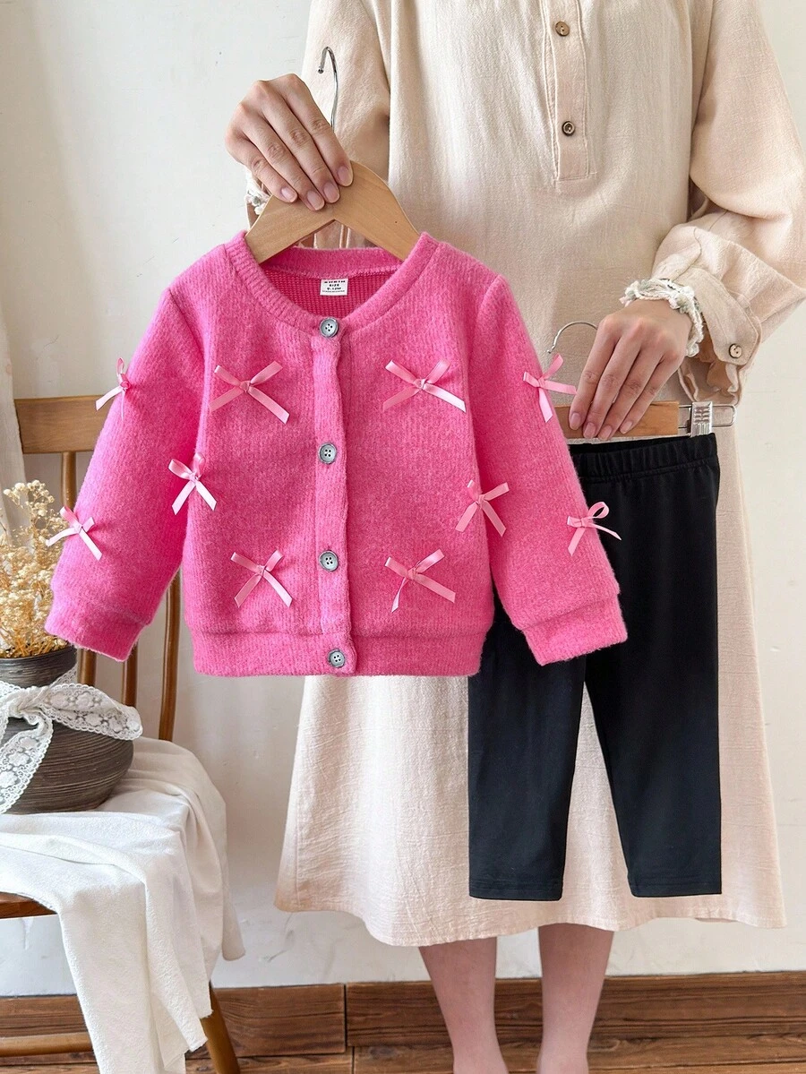 SHEIN Baby Mädchen Säugling Kleinkind Neugeborene 0-3 Jahre Mode Herbst/Winter Gestrickte flauschige gerippte Schleife Strickjacke + Leggings Hose 2-teiliges Outfit Set