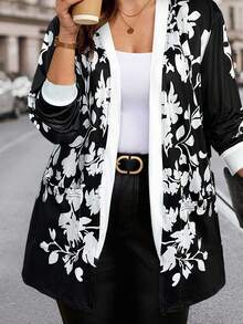 SHEIN Clasi Damen Große Größen Blume Muster Langarm Offene Vorderseite Lässige Mode Jacke, Herbst - Schwarz und Weiss - Übersicht 7