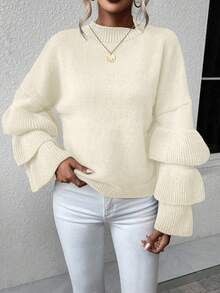 EMERY ROSE 秋冬休闲纯色荷叶边喇叭袖毛衣