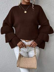 EMERY ROSE Women's Solid Color Round Neck Drop Shoulder Long Sleeve Ruffle Hem Loose Sweater, Autumn/Winter