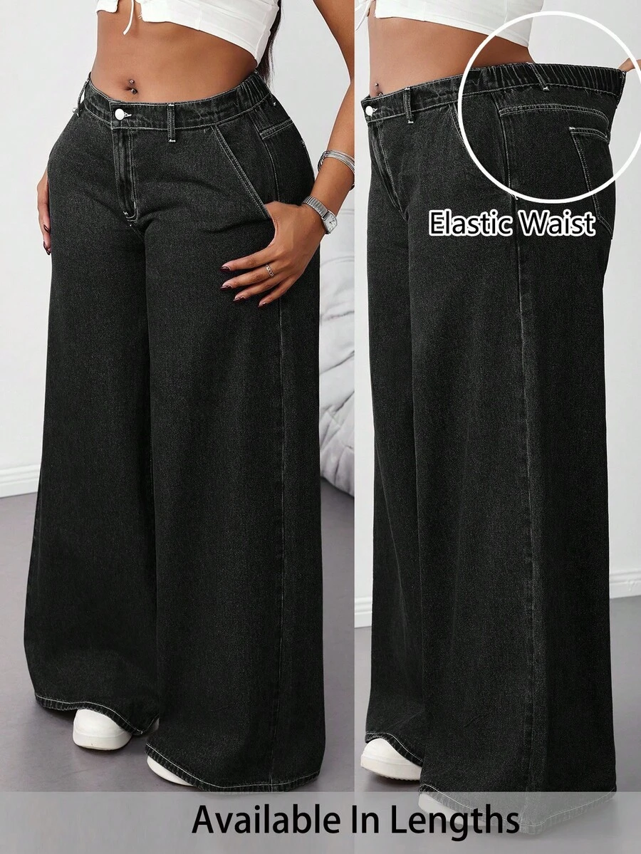 SHEIN Tall CURVE Quần jean ống rộng cạp thấp ống rộng lưng thấp dễ thương phong cách thập niên 2000 dễ thương trở lại trường học trở về nhà Y2k sân bay giản dị tiền cũ thường ngày giặt sạch - màu đen - Xem 1