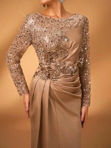 Serin 优雅奢华仿珍珠蕾丝贴花拼接弹力缎面薄纱长袖褶皱美人鱼连衣裙，适合婚礼、派对、度假、舞会、新娘母亲礼服、情人节等场合。 - 香檳色 - 查看 5