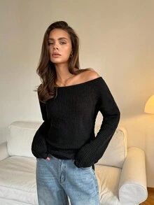 SHEIN Tall Damen Einfarbiger Asymmetrischer Ausschnitt Lässiger Langarm Roter Pullover Für Lässig Party Elegant Zuhause Sexy Herbst Winter Lässig Weihnachten Halloween Neujahr Asymmetrisches Oberteil - Schwarz - Übersicht 3