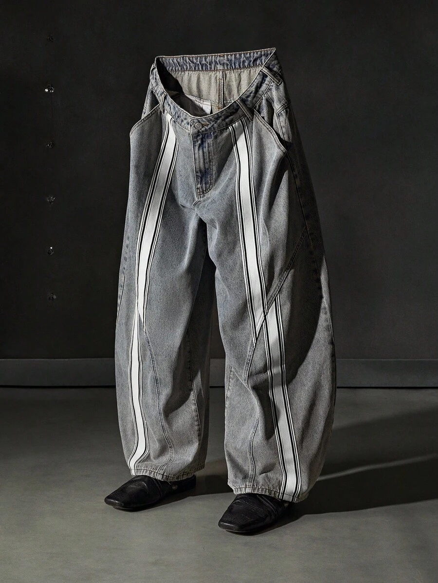 NEON BLANC 男士休闲日常宽松长款斜口袋牛仔裤，秋季 - 霧霾藍 - 查看 1