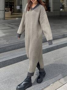 FRIFUL 女式落肩长袖V领宽松休闲直筒长款毛衣连衣裙 - 彩色 - 查看 3
