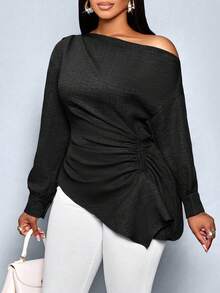 SOLERSUN 女式加大码秋冬纯色不对称领长袖侧抽绳褶饰时尚衬衫，不对称下摆蓝色梭织面料购物约会衬衫 - 黑色 - 查看 3