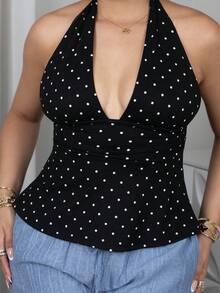 Melissa Matos Blusa cruzada de mujer casual y minimalista con escote profundo en V, cuello halter y lunares, con espalda envolvente