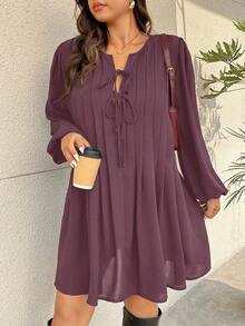 SHEIN Frenchy Đầm xòe tay đèn lồng màu trơn cỡ lớn, thường ngày và đi làm, thắt eo - Gỗ đỏ - Xem 5